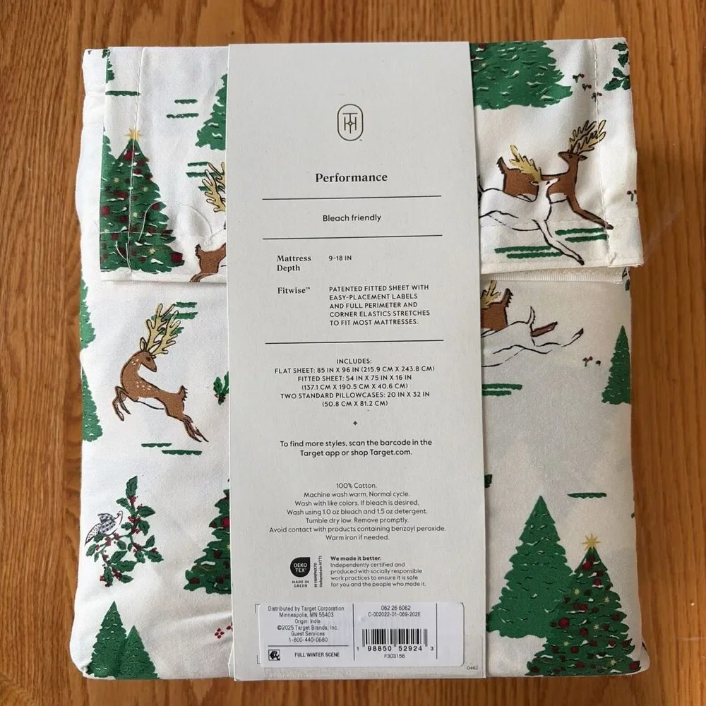 Threshold FULL 400Thread Count Performance Holiday Sheet Set Green Holly COTTON